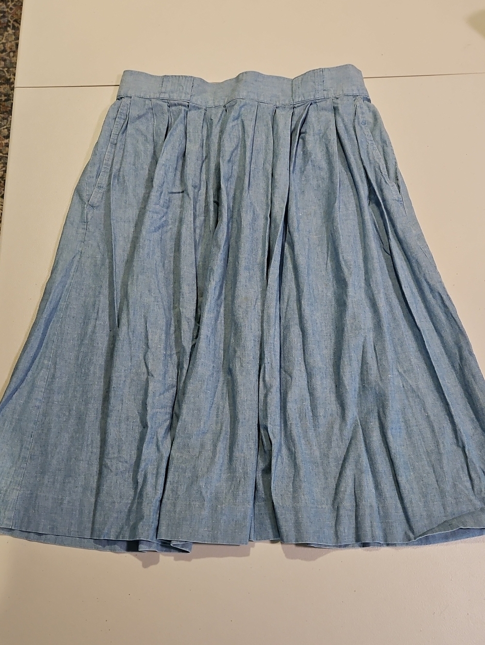 Cotton Chambray Light Blue A-Line Vintage Midi Skirt Classic Pleated Style 0218